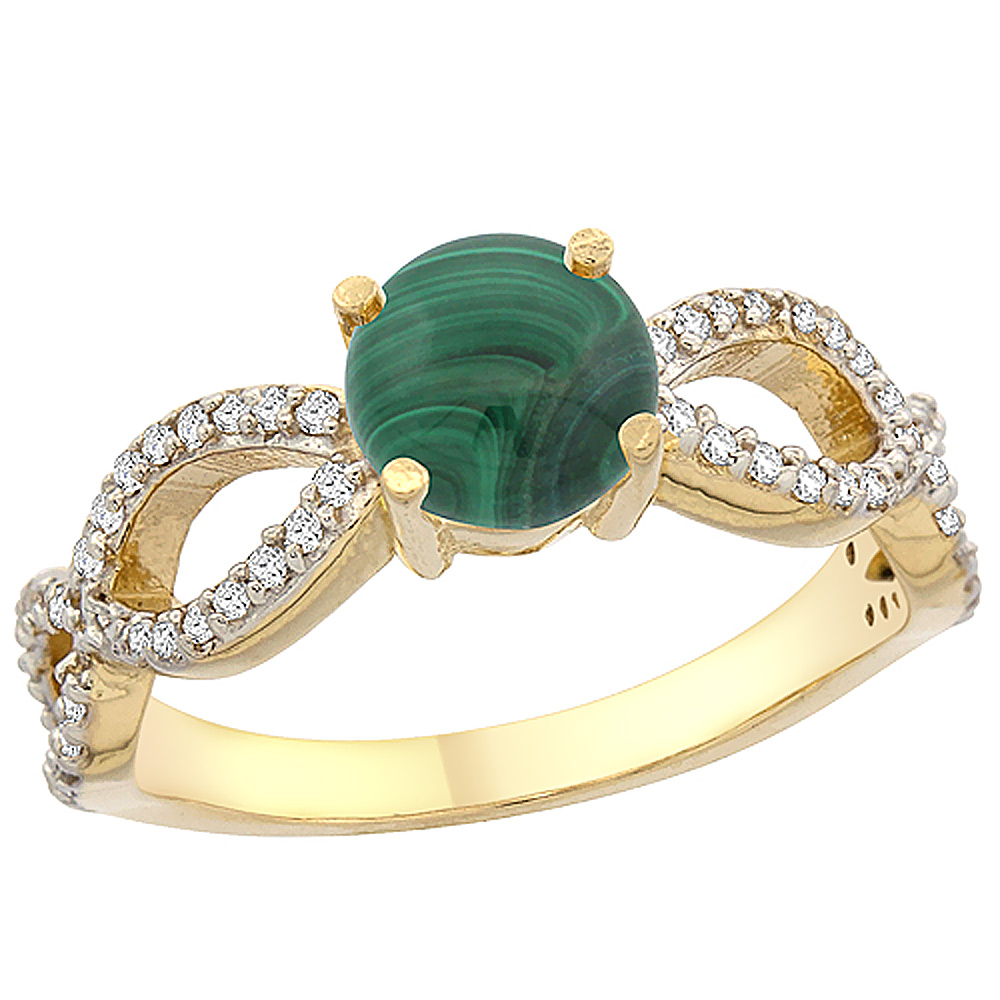 Sabrina Silver 14K Yellow Gold Natural Malachite Ring Round 6mm Infinity Diamond Accents, sizes 5 - 10