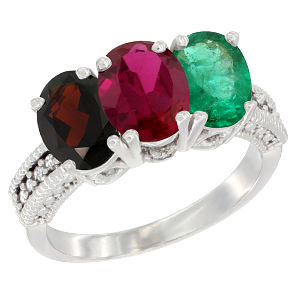 Sabrina Silver 14K White Gold Natural Garnet, Enhanced Ruby & Natural Emerald Ring 3-Stone 7x5 mm Oval Diamond Accent, sizes 5 - 10
