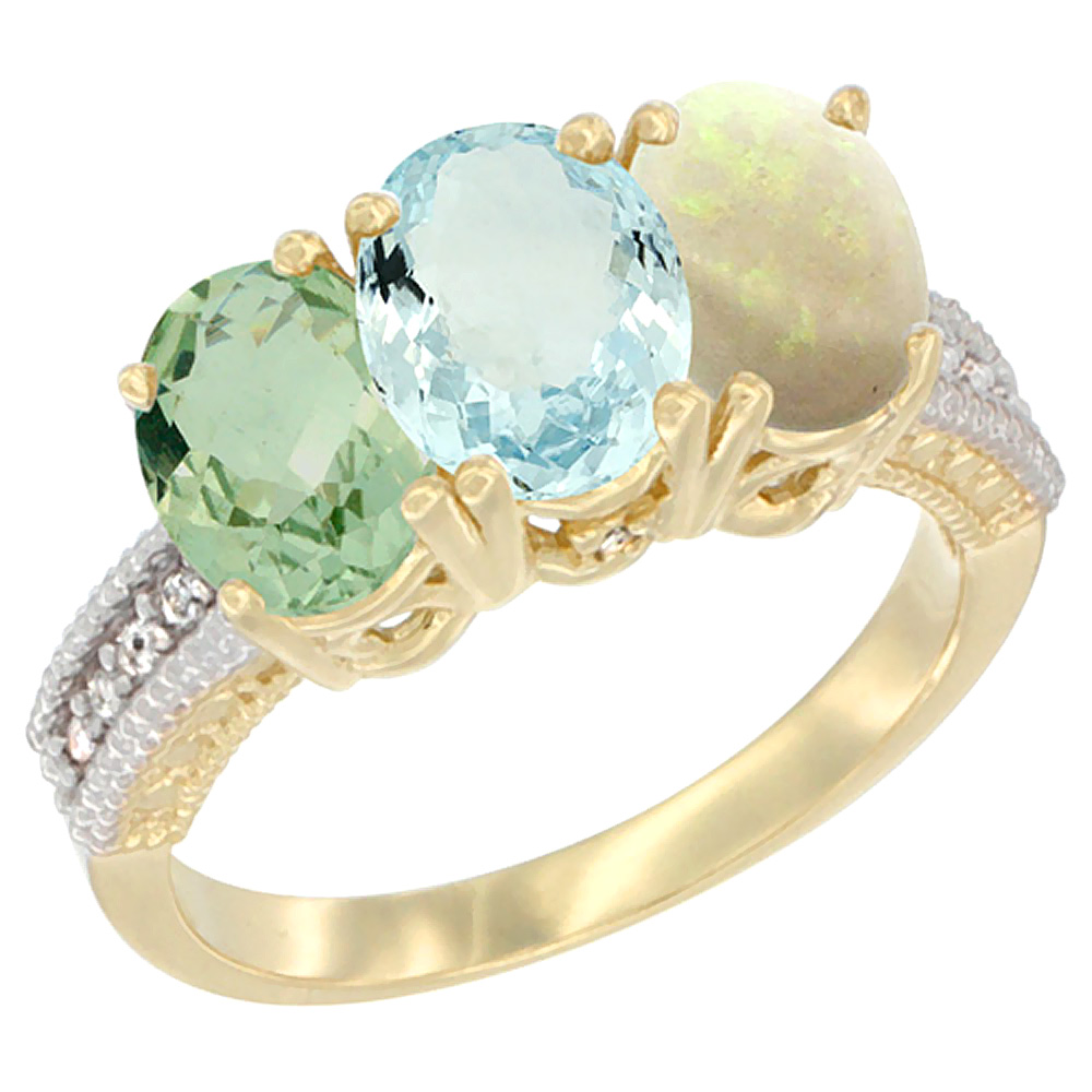 Sabrina Silver 10K Yellow Gold Diamond Natural Green Amethyst, Aquamarine & Opal Ring 3-Stone Oval 7x5 mm, sizes 5 - 10