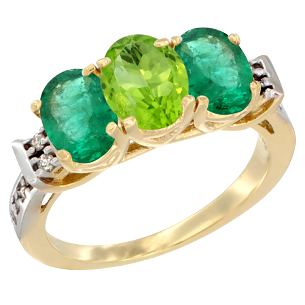 Sabrina Silver 10K Yellow Gold Natural Peridot & Emerald Sides Ring 3-Stone Oval 7x5 mm Diamond Accent, sizes 5 - 10