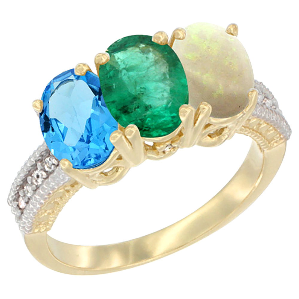 Sabrina Silver 14K Yellow Gold Natural Swiss Blue Topaz, Emerald & Opal Ring 3-Stone 7x5 mm Oval Diamond Accent, sizes 5 - 10