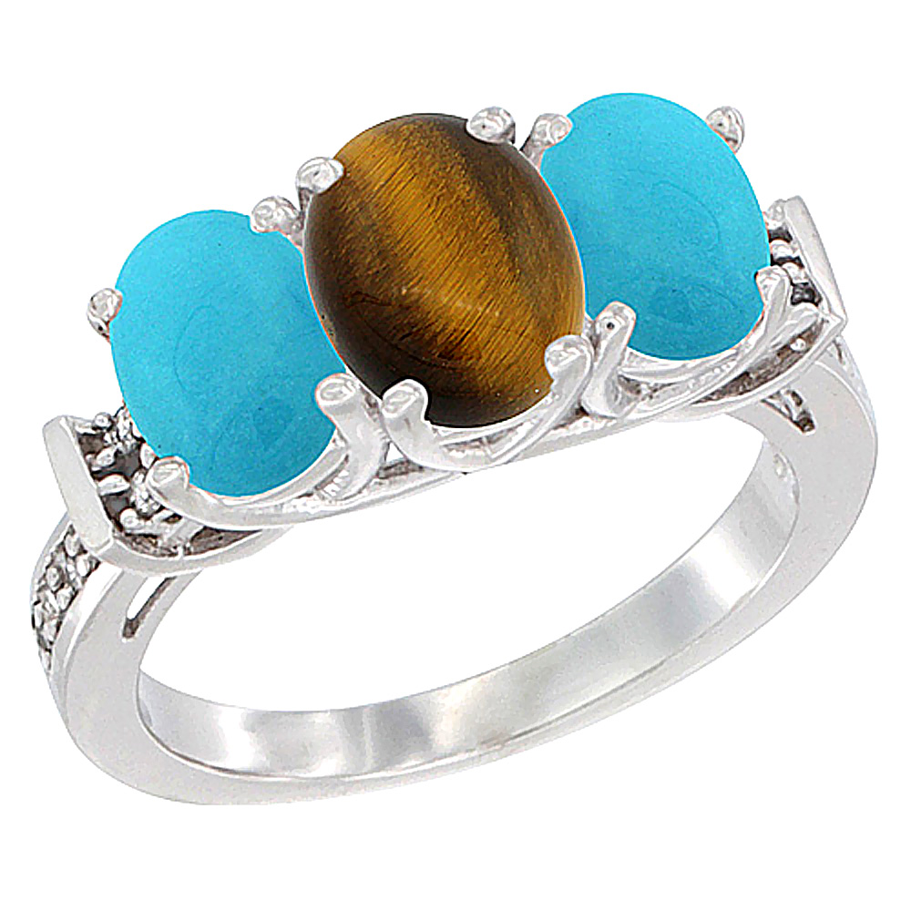 Sabrina Silver 14K White Gold Natural Tiger Eye & Turquoise Sides Ring 3-Stone Oval Diamond Accent, sizes 5 - 10