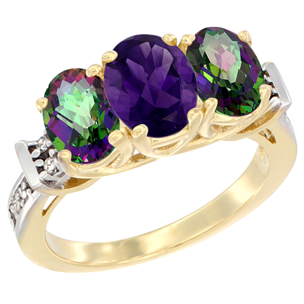 Sabrina Silver 10K Yellow Gold Natural Amethyst & Mystic Topaz Sides Ring 3-Stone Oval Diamond Accent, sizes 5 - 10