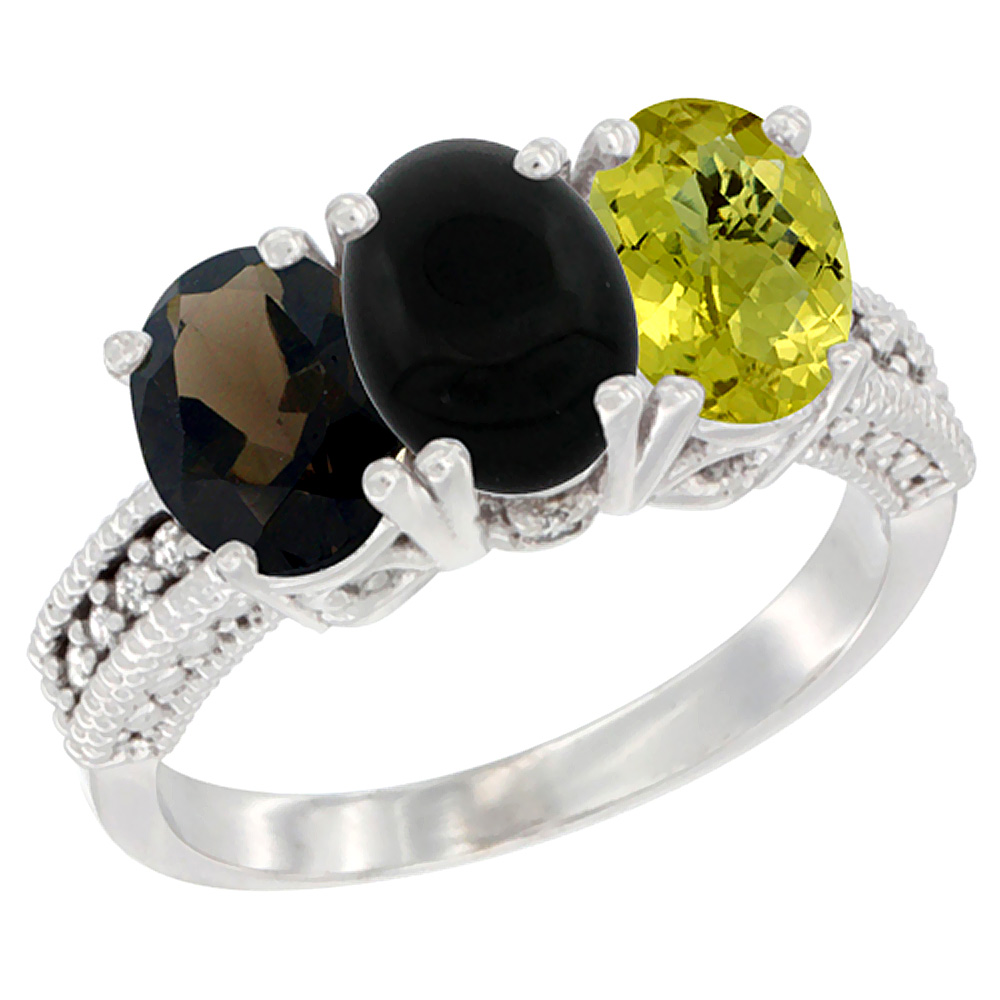 Sabrina Silver 10K White Gold Natural Smoky Topaz, Black Onyx & Lemon Quartz Ring 3-Stone Oval 7x5 mm Diamond Accent, sizes 5 - 10