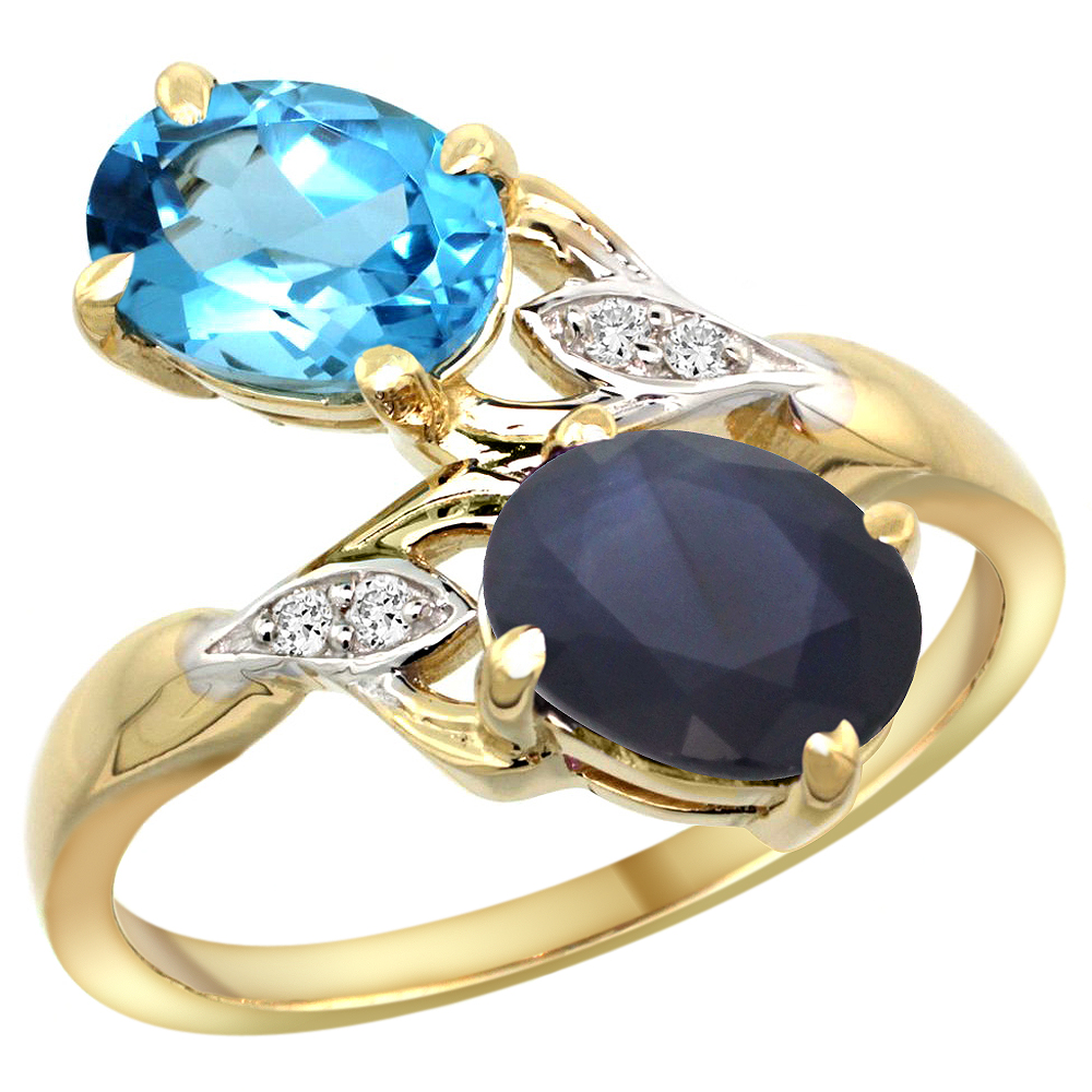 Sabrina Silver 14k Yellow Gold Diamond Natural Swiss Blue Topaz & Quality Blue Sapphire 2-stone Ring Oval 8x6mm,size5-10