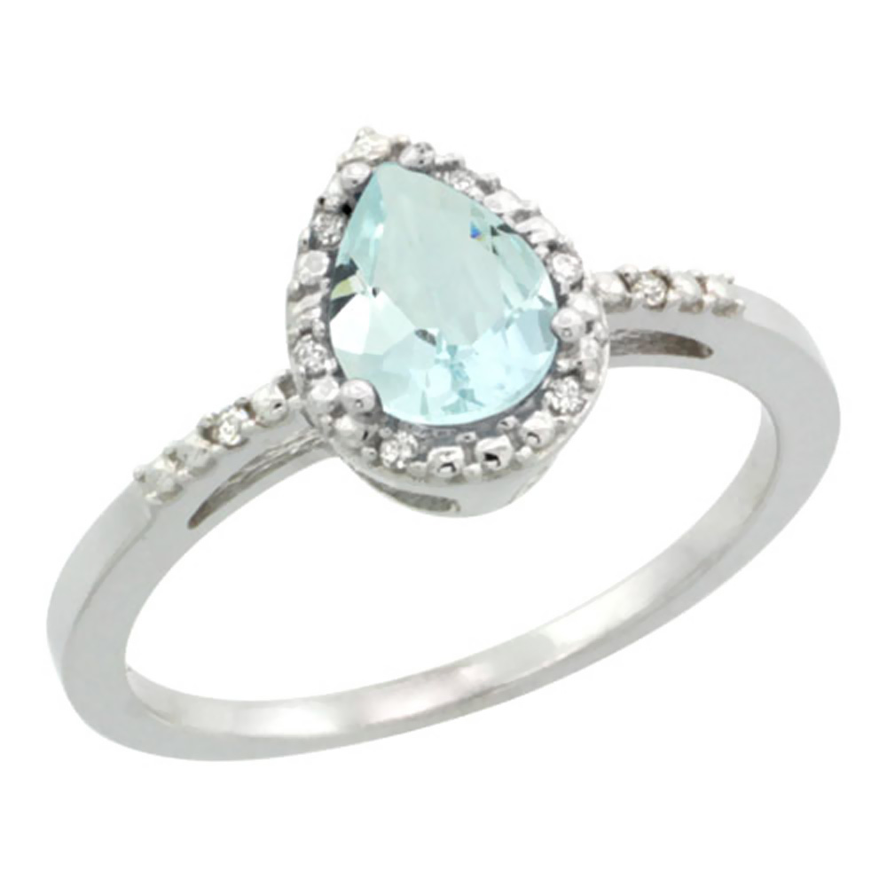Sabrina Silver 14K White Gold Diamond Natural Aquamarine Ring Pear 7x5mm, sizes 5-10