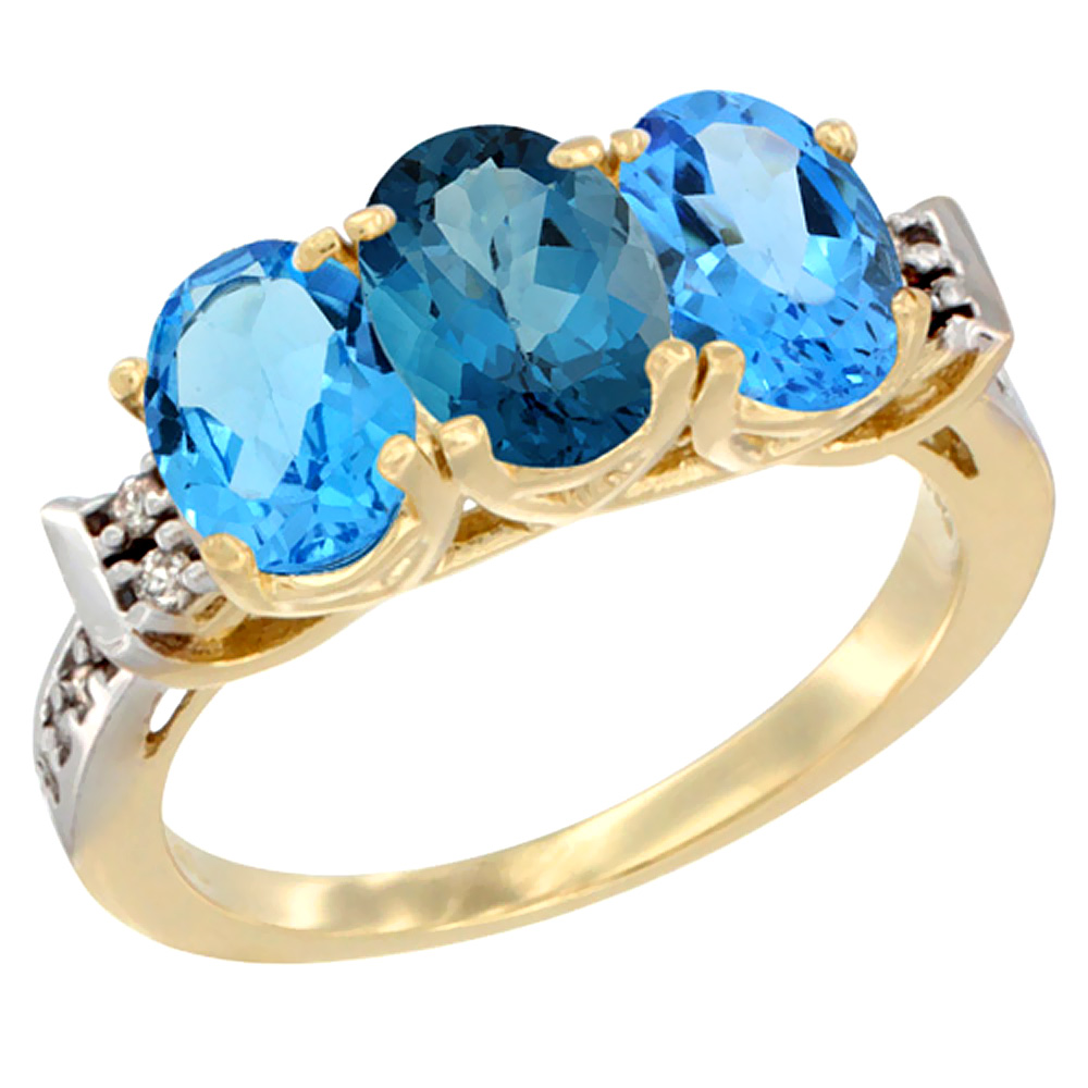 Sabrina Silver 14K Yellow Gold Natural London Blue Topaz & Swiss Blue Topaz Sides Ring 3-Stone 7x5 mm Oval Diamond Accent, sizes 5 - 10