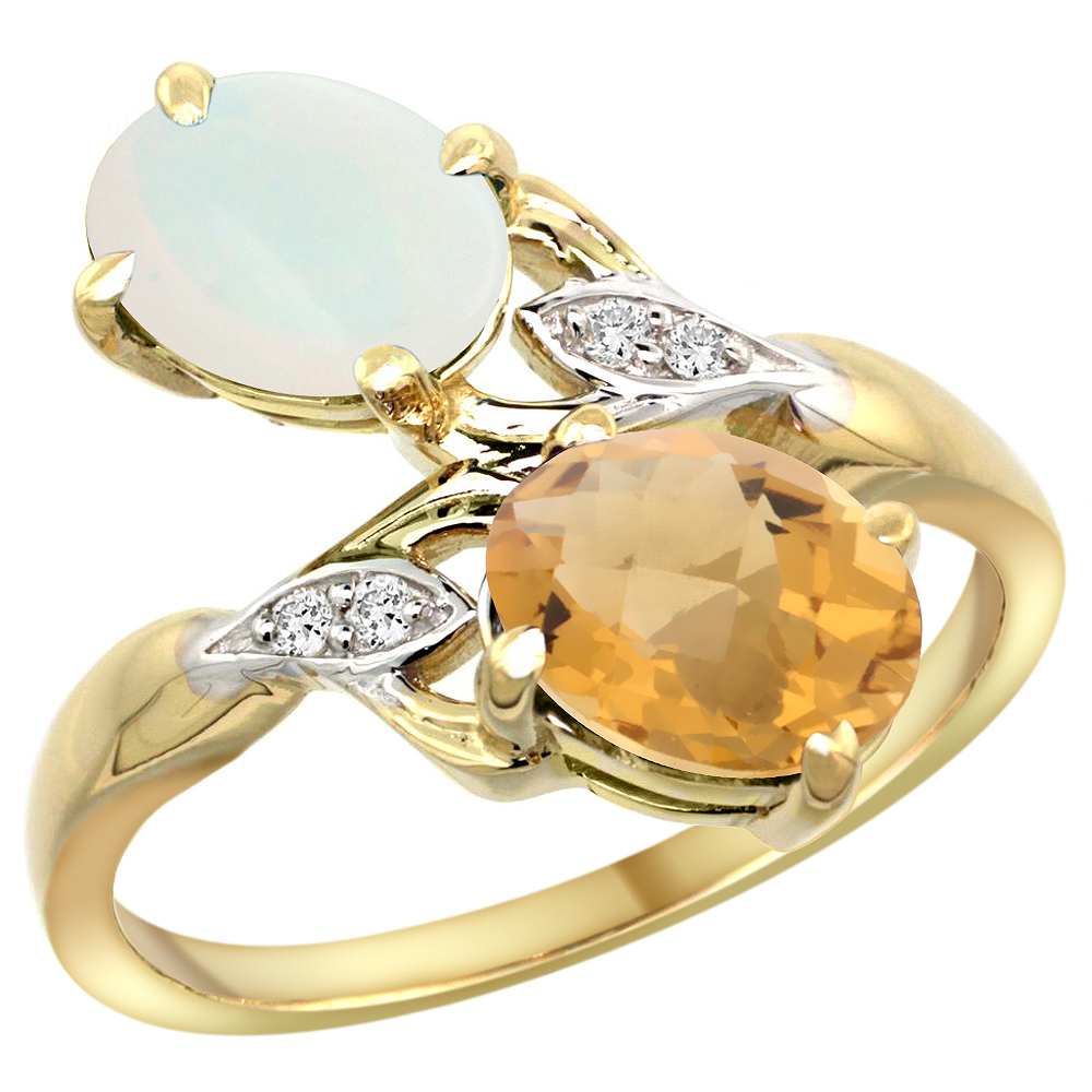 Sabrina Silver 10K Yellow Gold Diamond Natural Opal & Whisky Quartz 2-stone Ring Oval 8x6mm, sizes 5 - 10