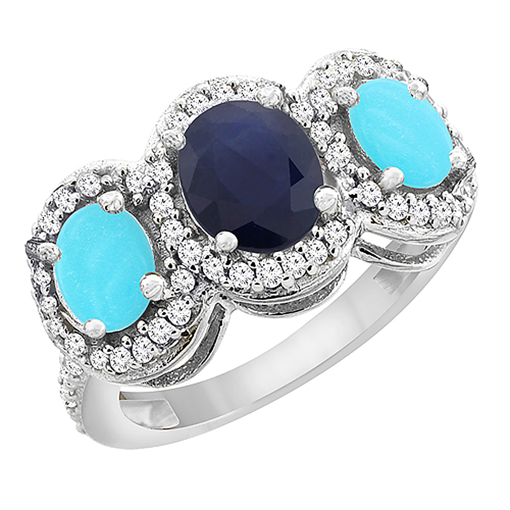 Sabrina Silver 10K White Gold Natural Blue Sapphire & Turquoise 3-Stone Ring Oval Diamond Accent, sizes 5 - 10