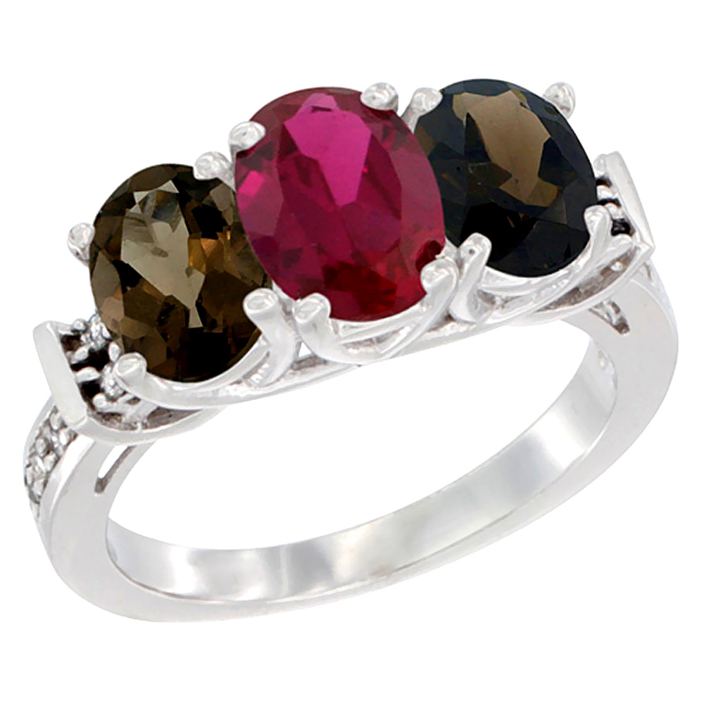Sabrina Silver 10K White Gold Enhanced Ruby & Smoky Topaz Sides Ring 3-Stone Oval Diamond Accent, sizes 5 - 10