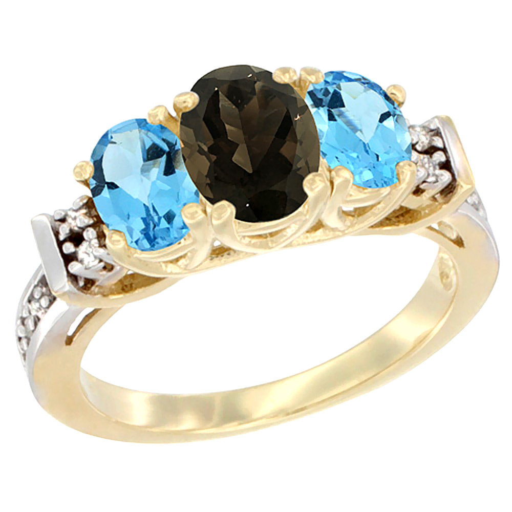 Sabrina Silver 14K Yellow Gold Natural Smoky Topaz & Swiss Blue Topaz Ring 3-Stone Oval Diamond Accent