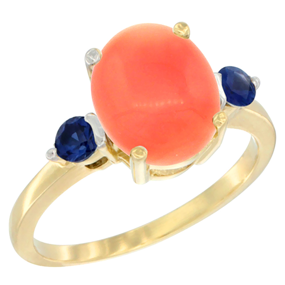 Sabrina Silver 10K Yellow Gold 10x8mm Oval Natural Coral Ring for Women Blue Sapphire Side-stones sizes 5 - 10