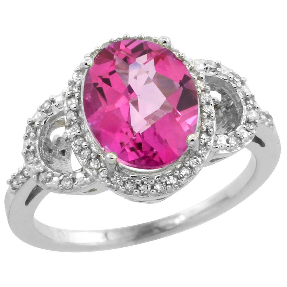 Sabrina Silver 14K White Gold Diamond Natural Pink Topaz Engagement Ring Oval 10x8mm, sizes 5-10