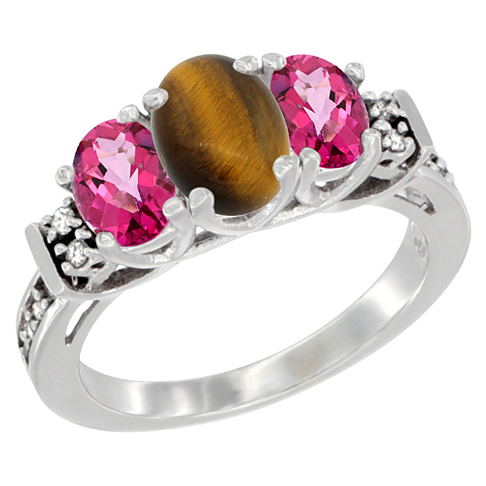 Sabrina Silver 14K White Gold Natural Tiger Eye & Pink Topaz Ring 3-Stone Oval Diamond Accent, sizes 5-10