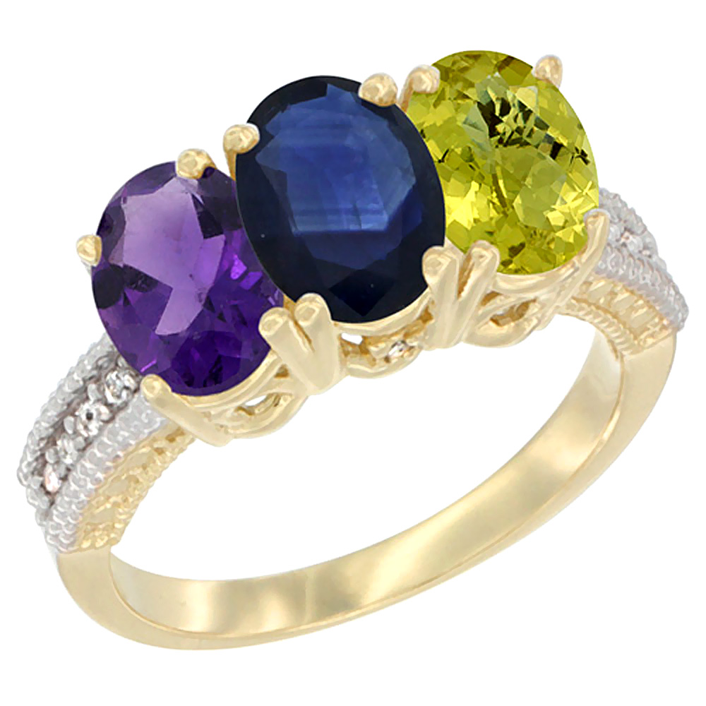 Sabrina Silver 14K Yellow Gold Natural Amethyst, Blue Sapphire & Lemon Quartz Ring 3-Stone 7x5 mm Oval Diamond Accent, sizes 5 - 10