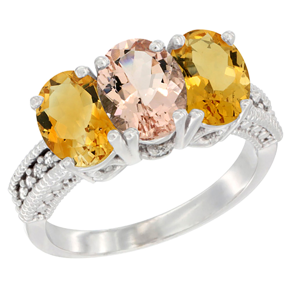 Sabrina Silver 10K White Gold Natural Morganite & Citrine Sides Ring 3-Stone Oval 7x5 mm Diamond Accent, sizes 5 - 10
