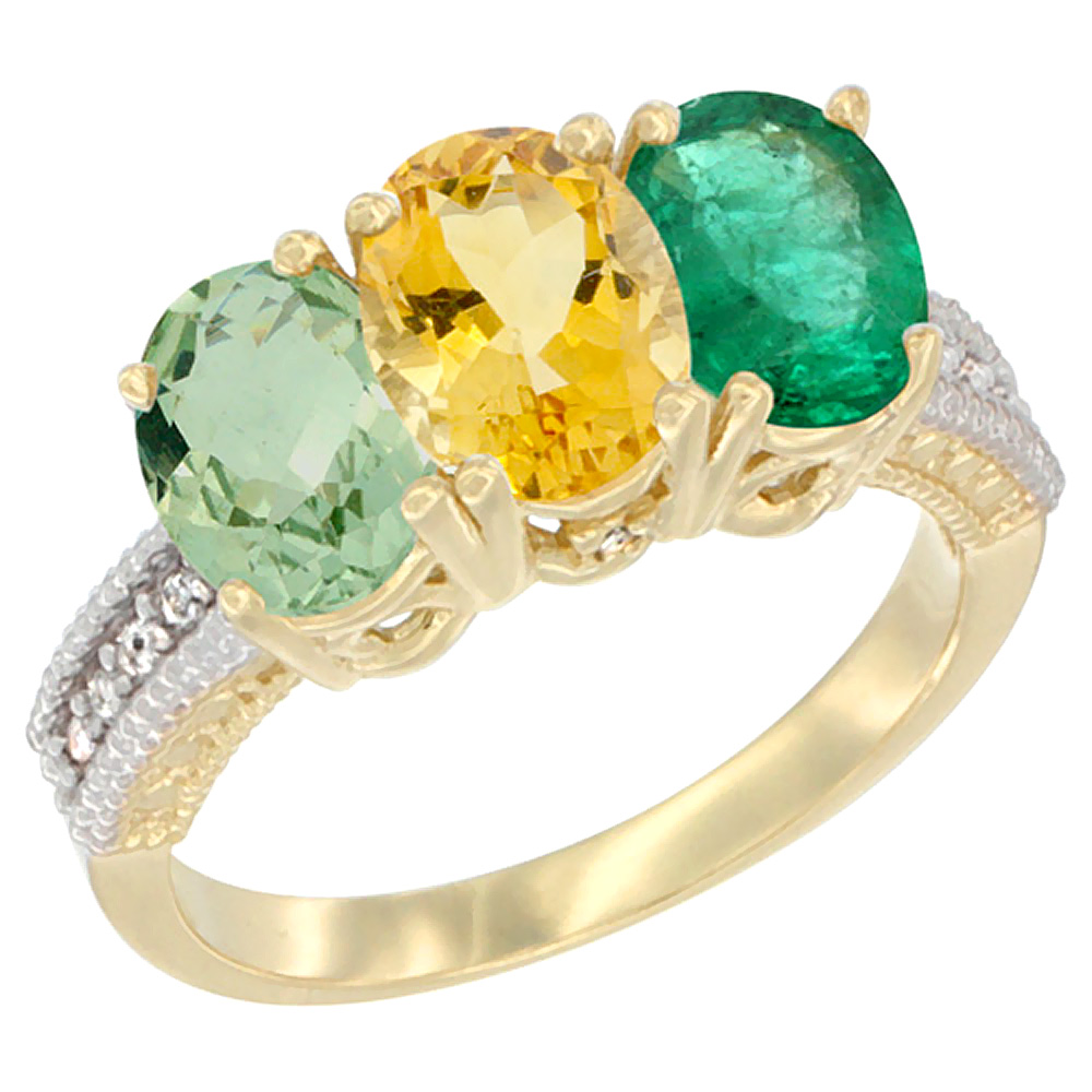 Sabrina Silver 14K Yellow Gold Natural Green Amethyst, Citrine & Emerald Ring 3-Stone 7x5 mm Oval Diamond Accent, sizes 5 - 10