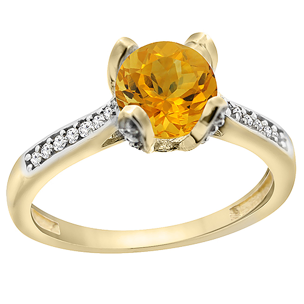 Sabrina Silver 10K Yellow Gold Diamond Natural Citrine Engagement Ring Round 7mm, sizes 5 to 10 with half sizes