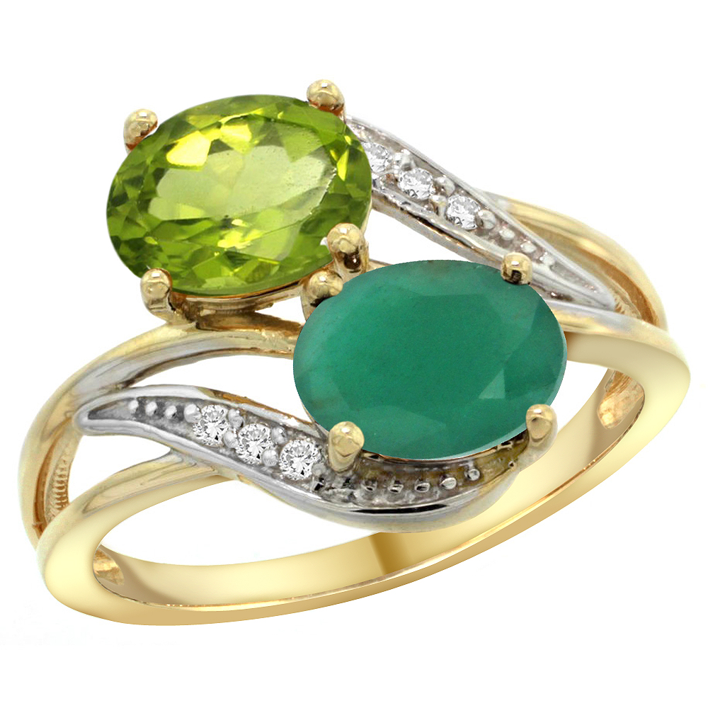 Sabrina Silver 10K Yellow Gold Diamond Natural Peridot & Quality Emerald 2-stone Mothers Ring Oval 8x6mm, size 5 - 10
