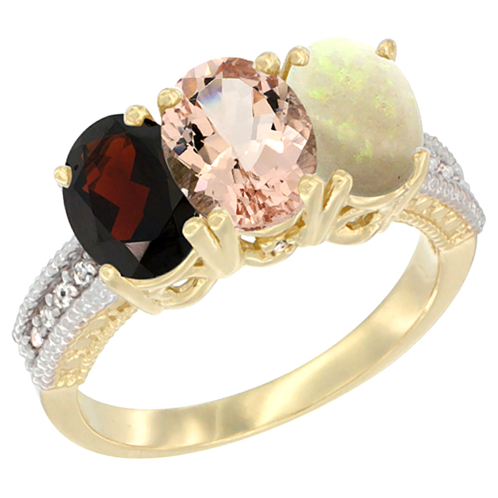 Sabrina Silver 14K Yellow Gold Natural Garnet, Morganite & Opal Ring 3-Stone 7x5 mm Oval Diamond Accent, sizes 5 - 10