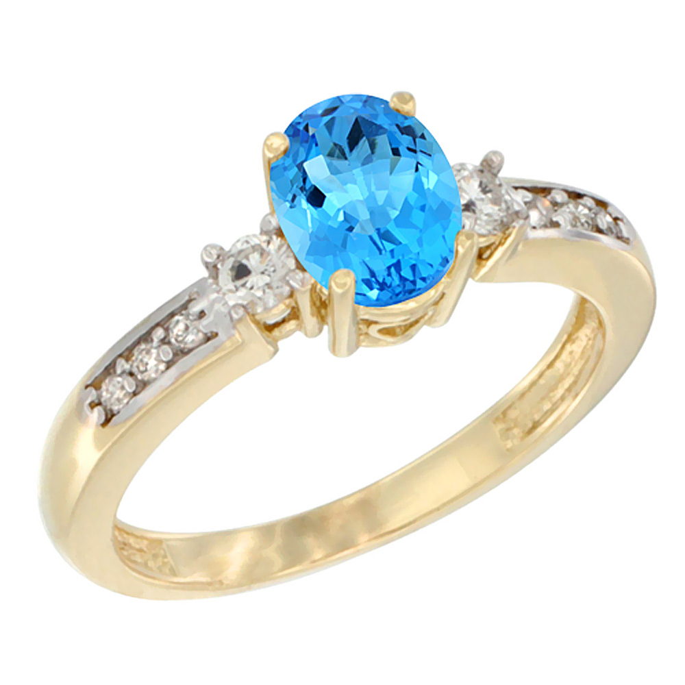 Sabrina Silver 10K Yellow Gold Diamond Genuine Blue Topaz Engagement Ring Oval 7x5 mm sizes 5 - 10
