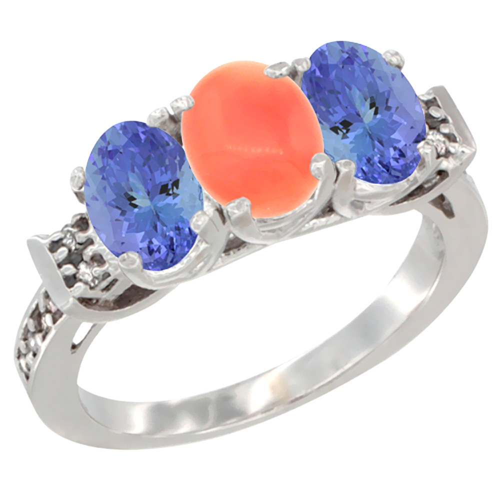 Sabrina Silver 10K White Gold Natural Coral & Tanzanite Sides Ring 3-Stone Oval 7x5 mm Diamond Accent, sizes 5 - 10