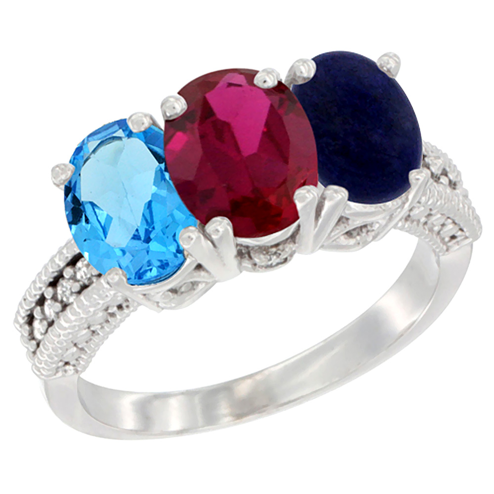 Sabrina Silver 14K White Gold Natural Swiss Blue Topaz, Enhanced Ruby & Natural Lapis Ring 3-Stone 7x5 mm Oval Diamond Accent, sizes 5 - 10