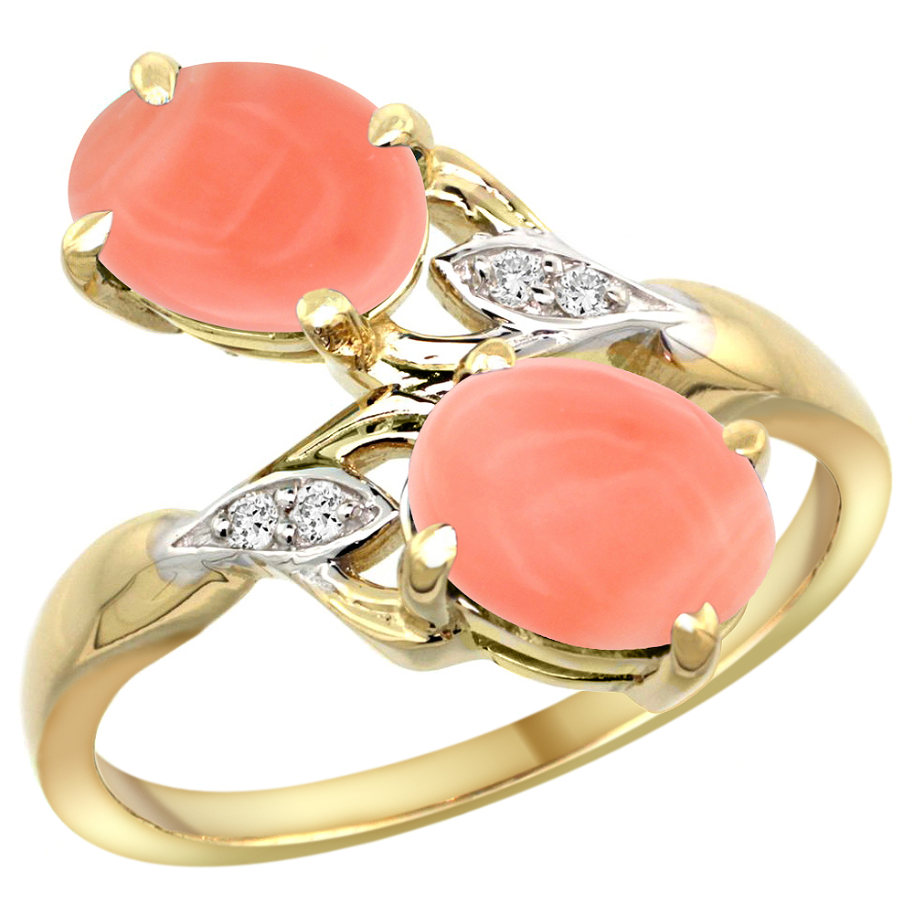 Sabrina Silver 10K Yellow Gold Diamond Natural Coral 2-stone Ring Oval 8x6mm, sizes 5 - 10