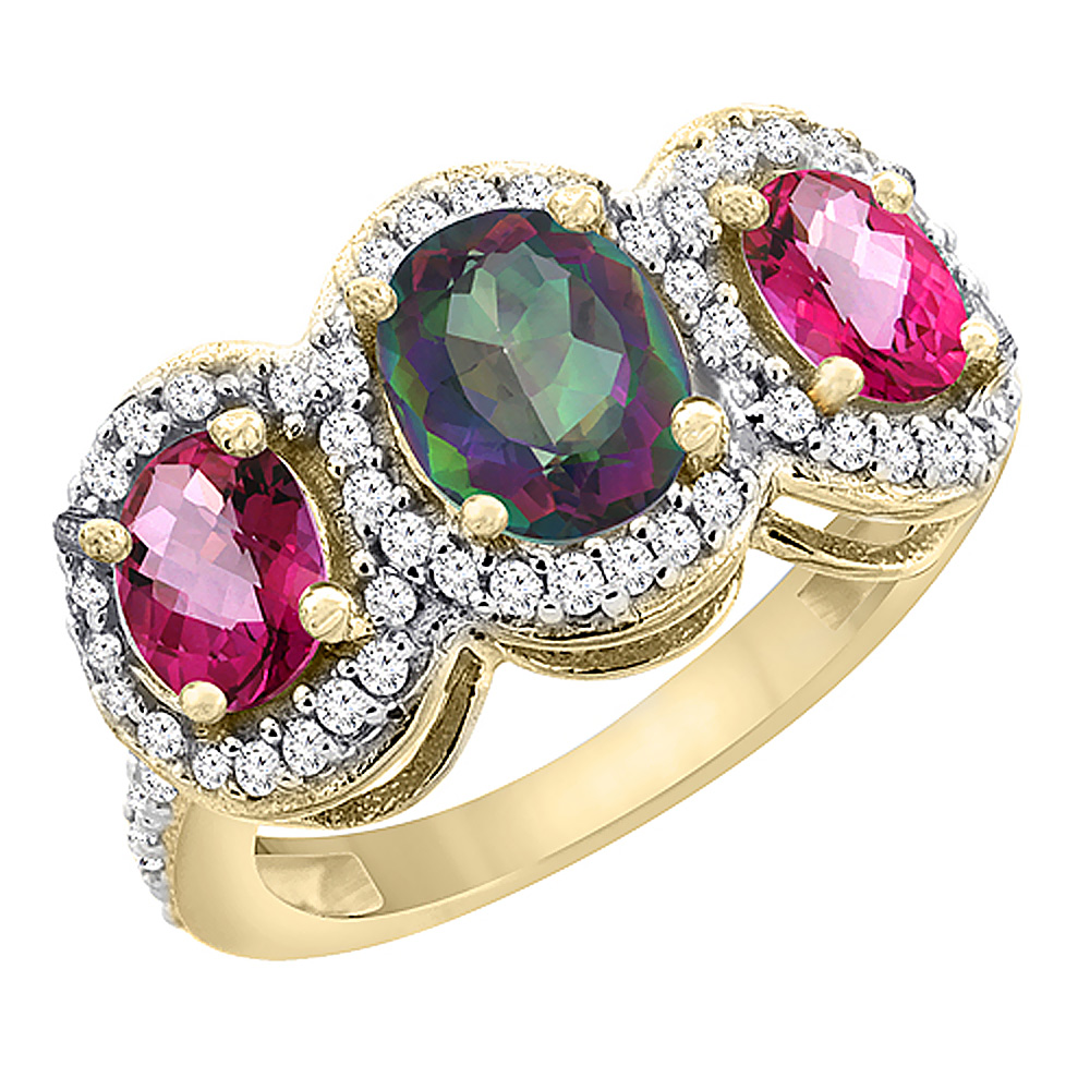 Sabrina Silver 10K Yellow Gold Natural Mystic Topaz & Pink Topaz 3-Stone Ring Oval Diamond Accent, sizes 5 - 10