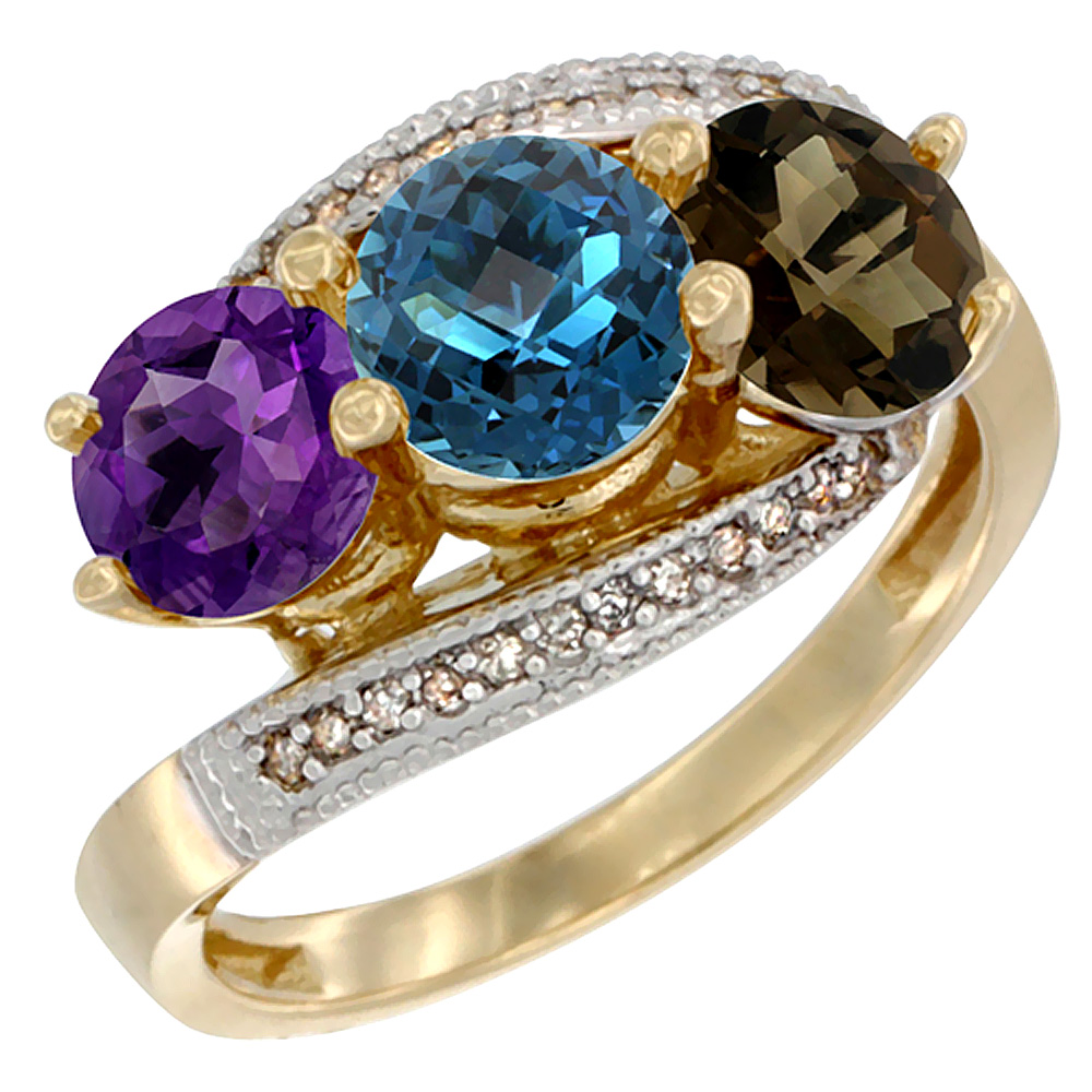 Sabrina Silver 10K Yellow Gold Natural Amethyst, London Blue & Smoky Topaz 3 stone Ring Round 6mm Diamond Accent, sizes 5 - 10