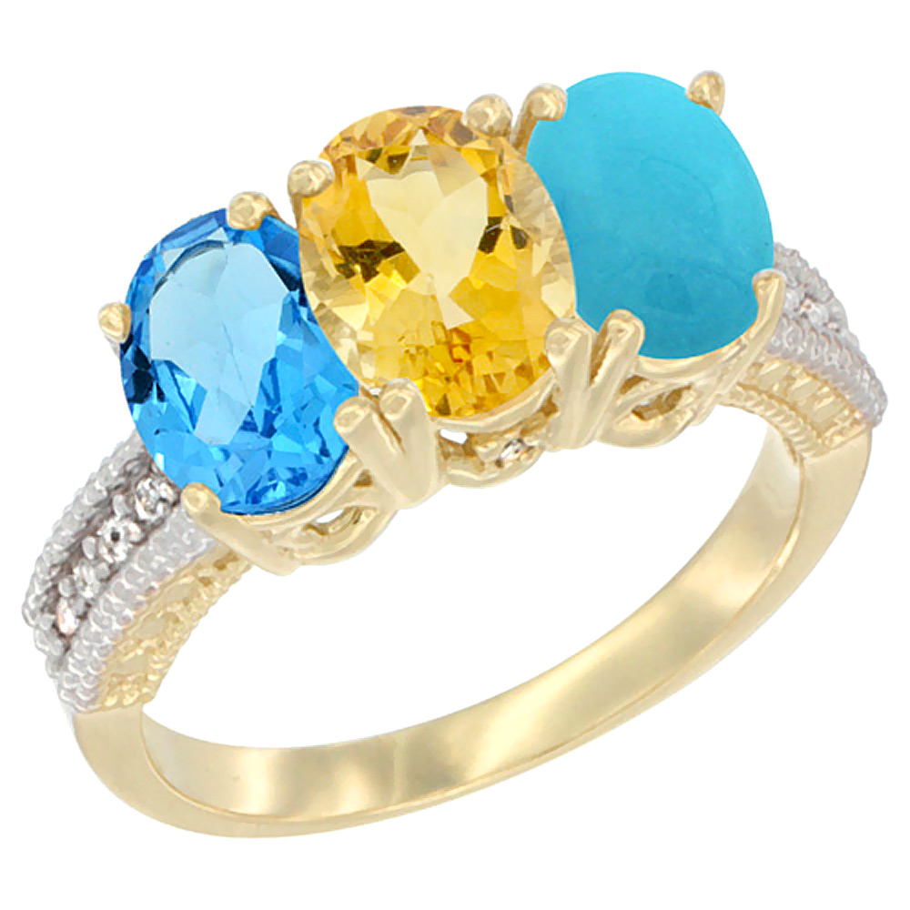 Sabrina Silver 10K Yellow Gold Diamond Natural Swiss Blue Topaz, Citrine & Turquoise Ring 3-Stone Oval 7x5 mm, sizes 5 - 10