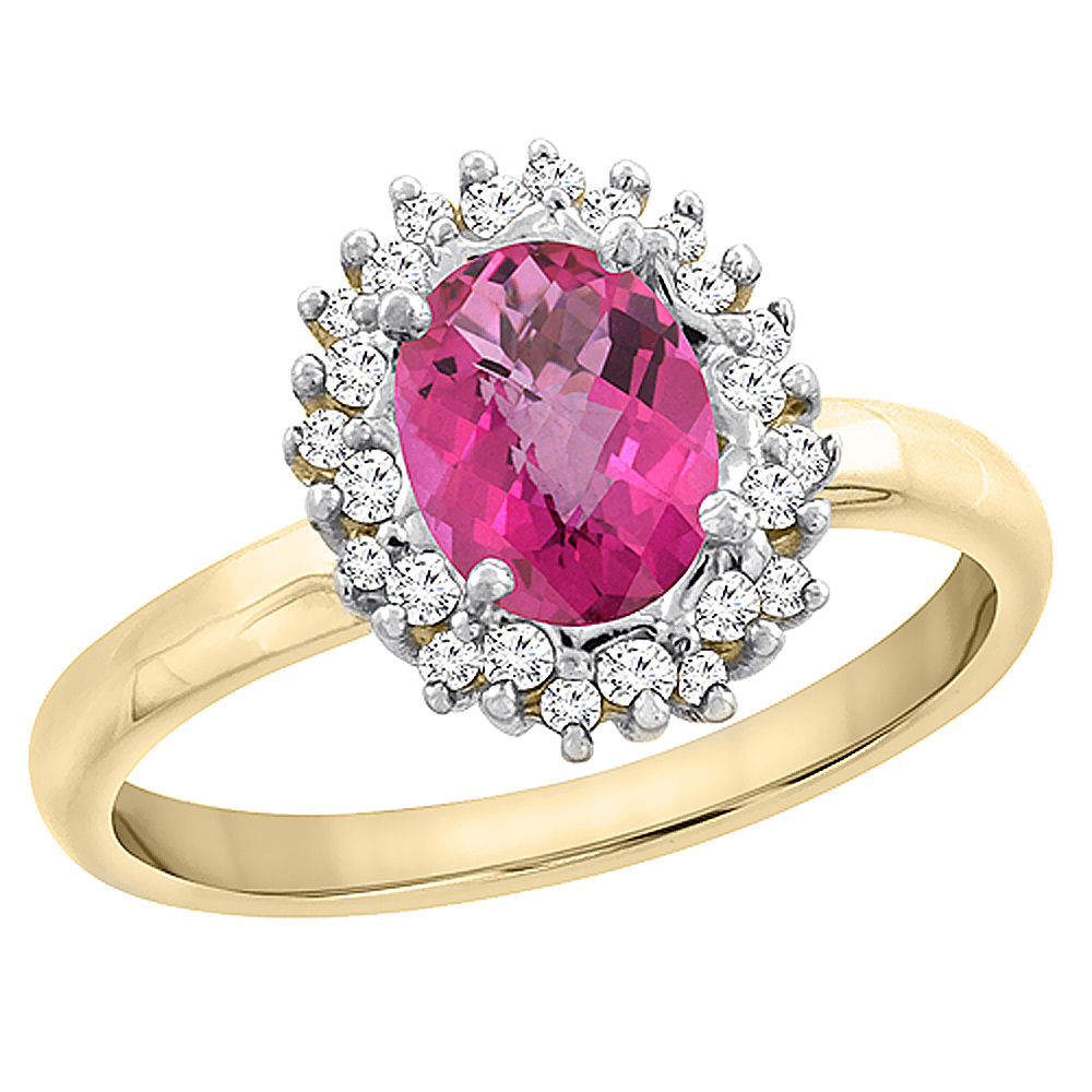 Sabrina Silver 10K Yellow Gold Diamond Natural Pink Topaz Engagement Ring Oval 7x5mm, sizes 5 - 10