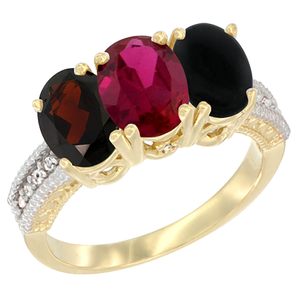 Sabrina Silver 10K Yellow Gold Diamond Natural Garnet, Enhanced Ruby & Black Onyx Ring 3-Stone 7x5 mm Oval, sizes 5 - 10