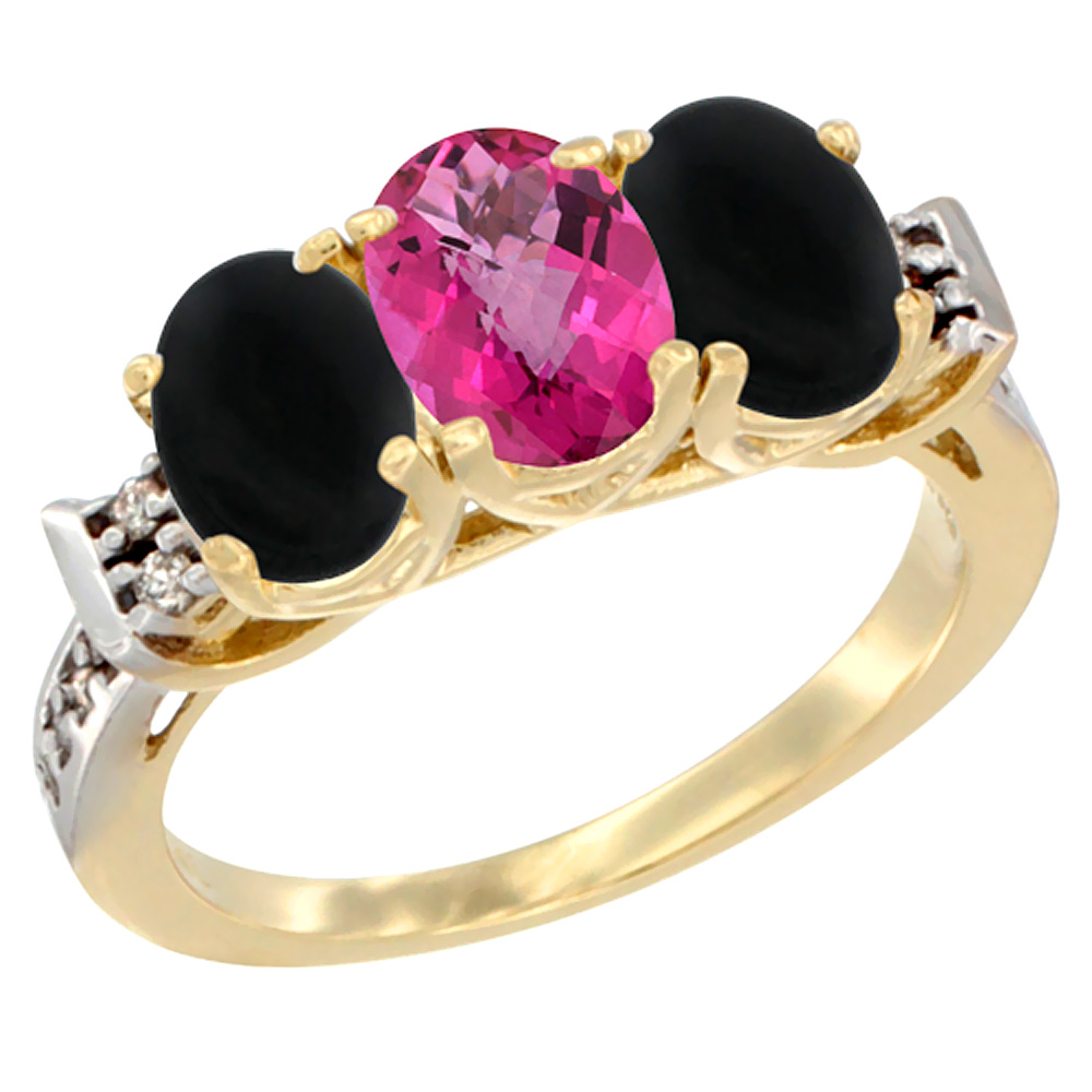 Sabrina Silver 14K Yellow Gold Natural Pink Topaz & Black Onyx Sides Ring 3-Stone Oval 7x5 mm Diamond Accent, sizes 5 - 10