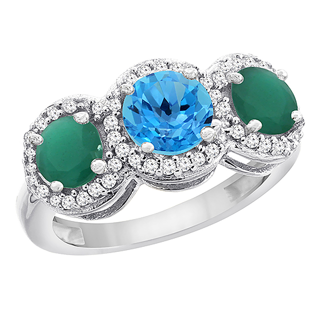 Sabrina Silver 10K White Gold Natural Swiss Blue Topaz & Emerald Sides Round 3-stone Ring Diamond Accents, sizes 5 - 10