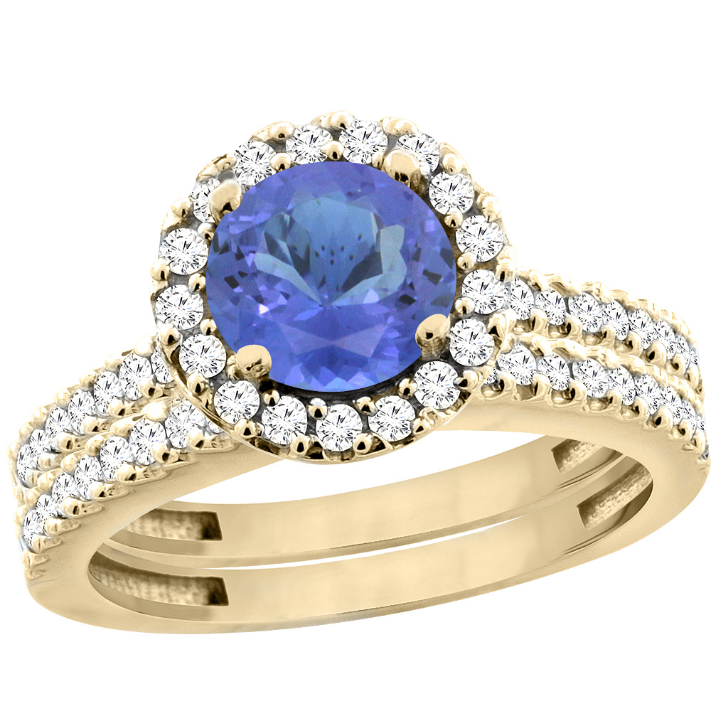 Sabrina Silver 14K Yellow Gold Natural Tanzanite Round 6mm 2-Piece Engagement Ring Set Floating Halo Diamond, sizes 5 - 10