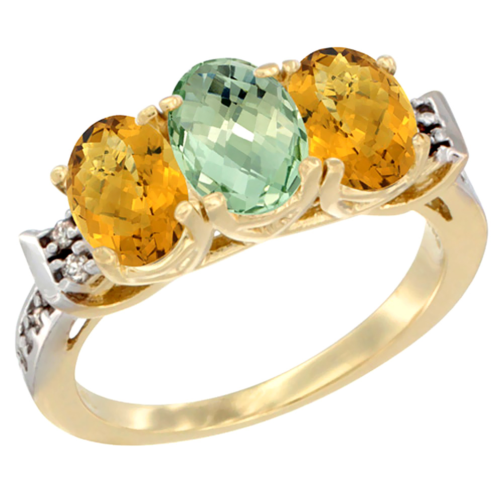 Sabrina Silver 10K Yellow Gold Natural Green Amethyst & Whisky Quartz Sides Ring 3-Stone Oval 7x5 mm Diamond Accent, sizes 5 - 10