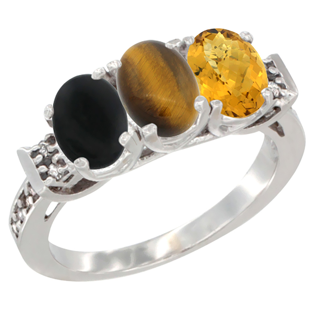 Sabrina Silver 10K White Gold Natural Black Onyx, Tiger Eye & Whisky Quartz Ring 3-Stone Oval 7x5 mm Diamond Accent, sizes 5 - 10