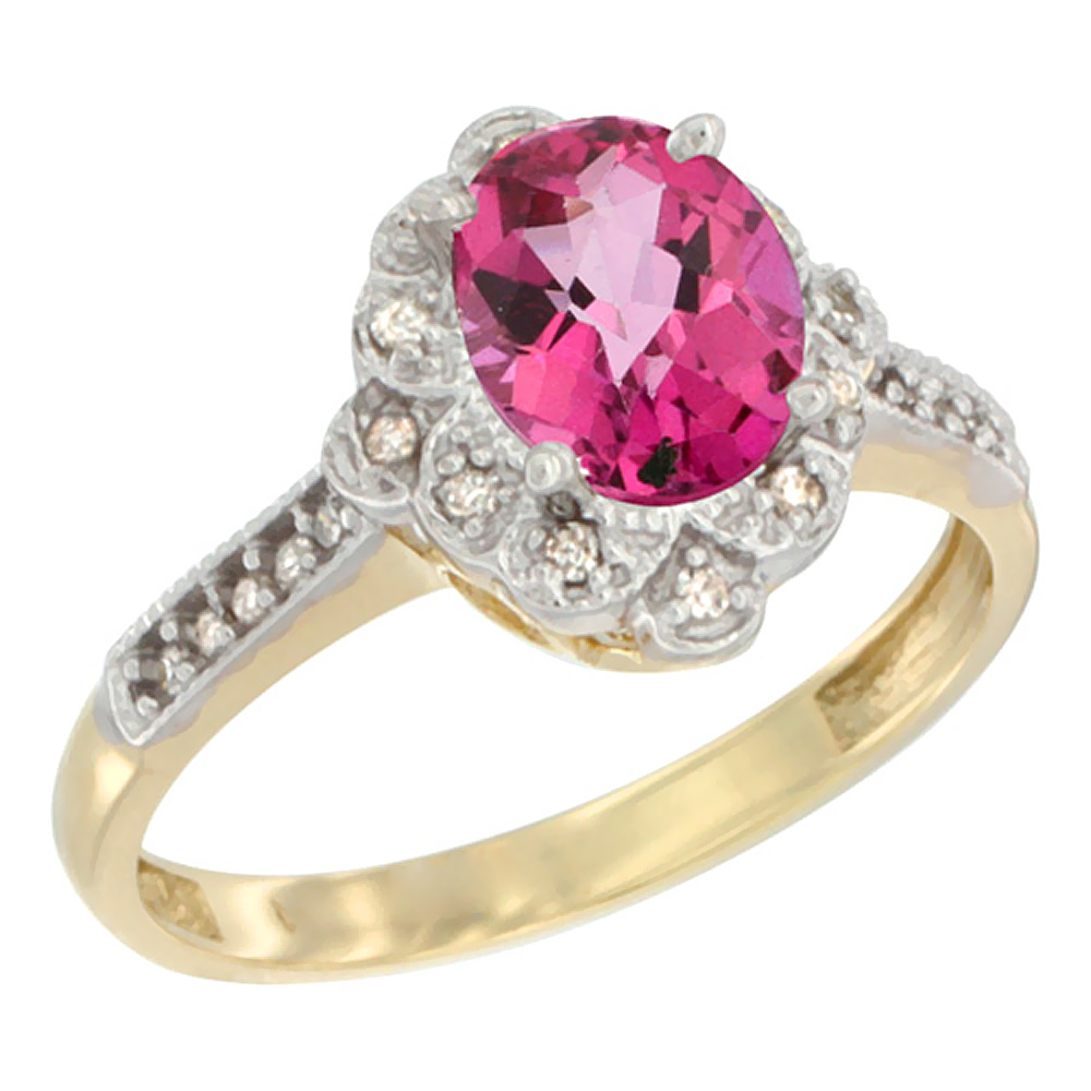 Sabrina Silver 14K Yellow Gold Natural Pink Topaz Ring Oval 8x6 mm Floral Diamond Halo, sizes 5 - 10