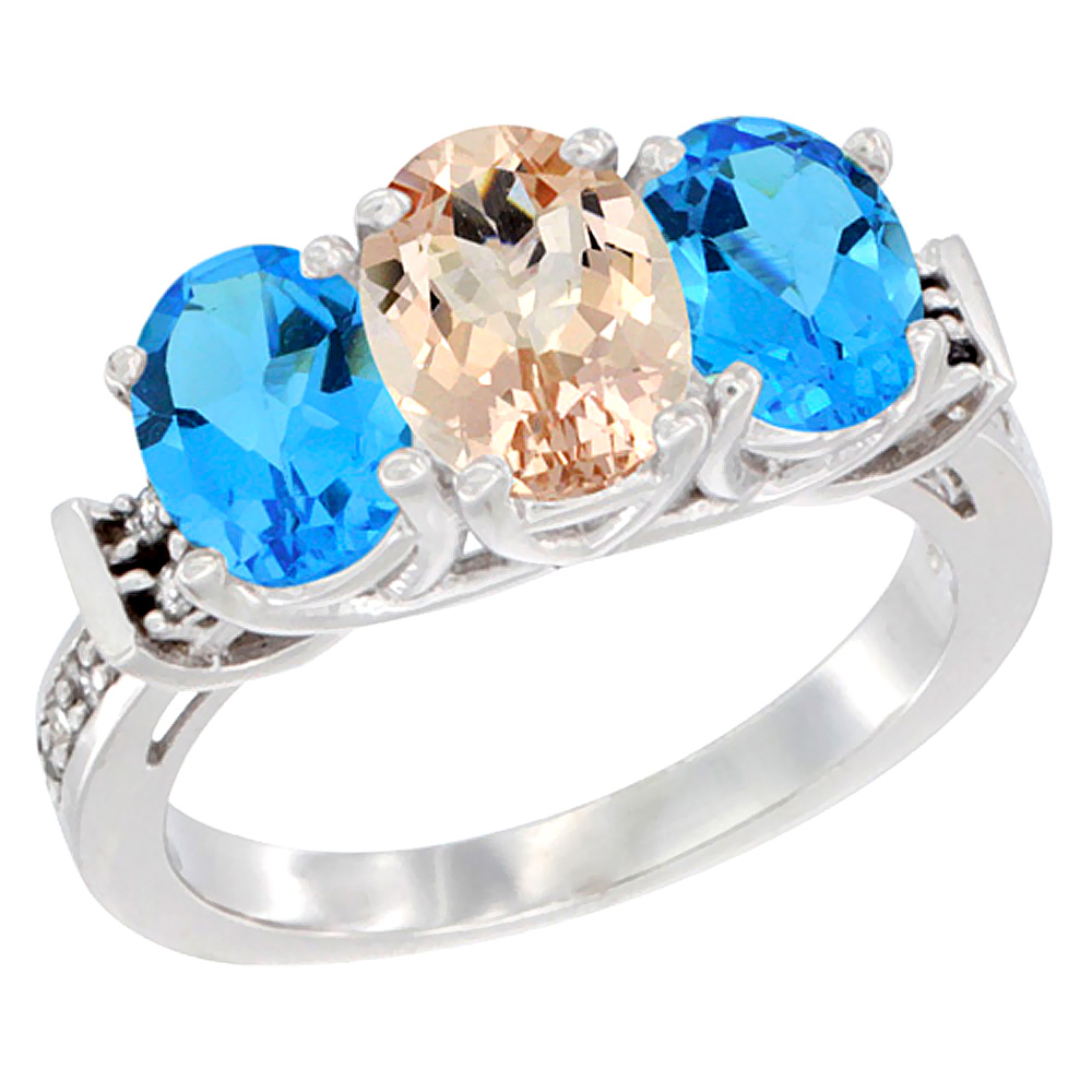 Sabrina Silver 10K White Gold Natural Morganite & Swiss Blue Topaz Sides Ring 3-Stone Oval Diamond Accent, sizes 5 - 10