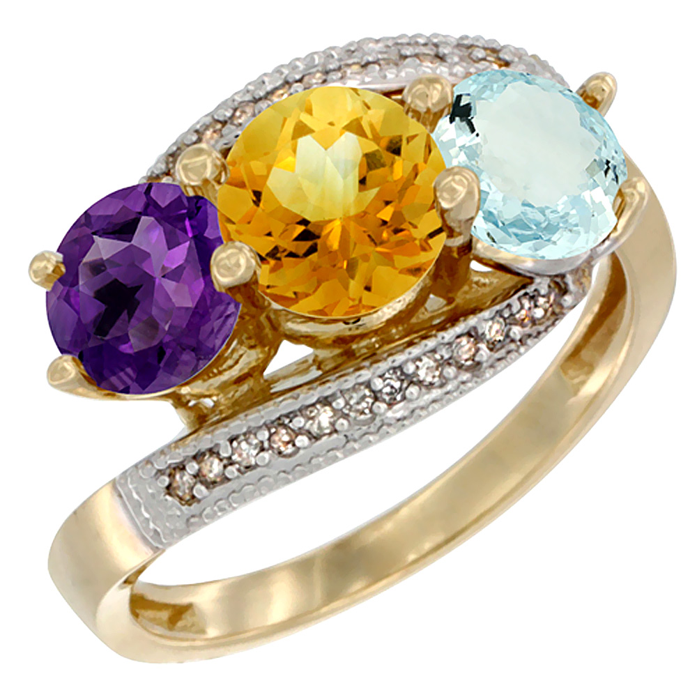 Sabrina Silver 14K Yellow Gold Natural Amethyst, Citrine & Aquamarine 3 stone Ring Round 6mm Diamond Accent, sizes 5 - 10