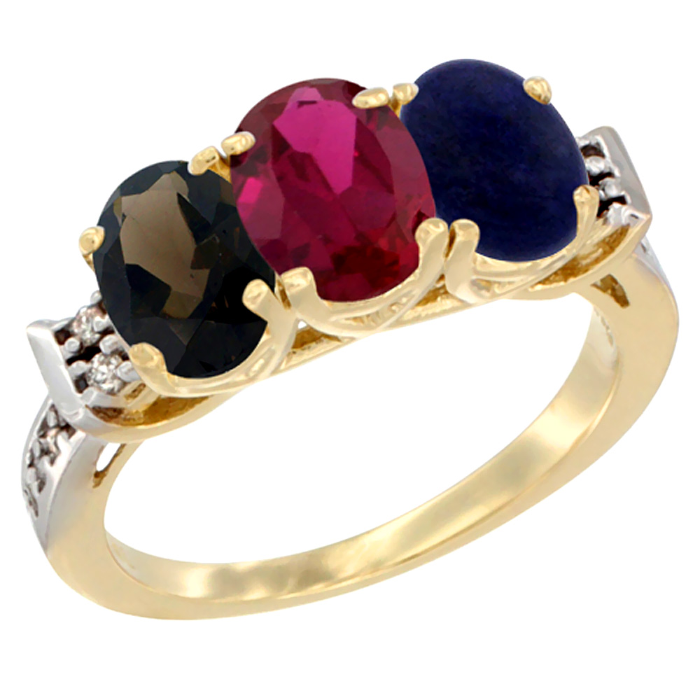 Sabrina Silver 10K Yellow Gold Natural Smoky Topaz, Enhanced Ruby & Natural Lapis Ring 3-Stone Oval 7x5 mm Diamond Accent, sizes 5 - 10