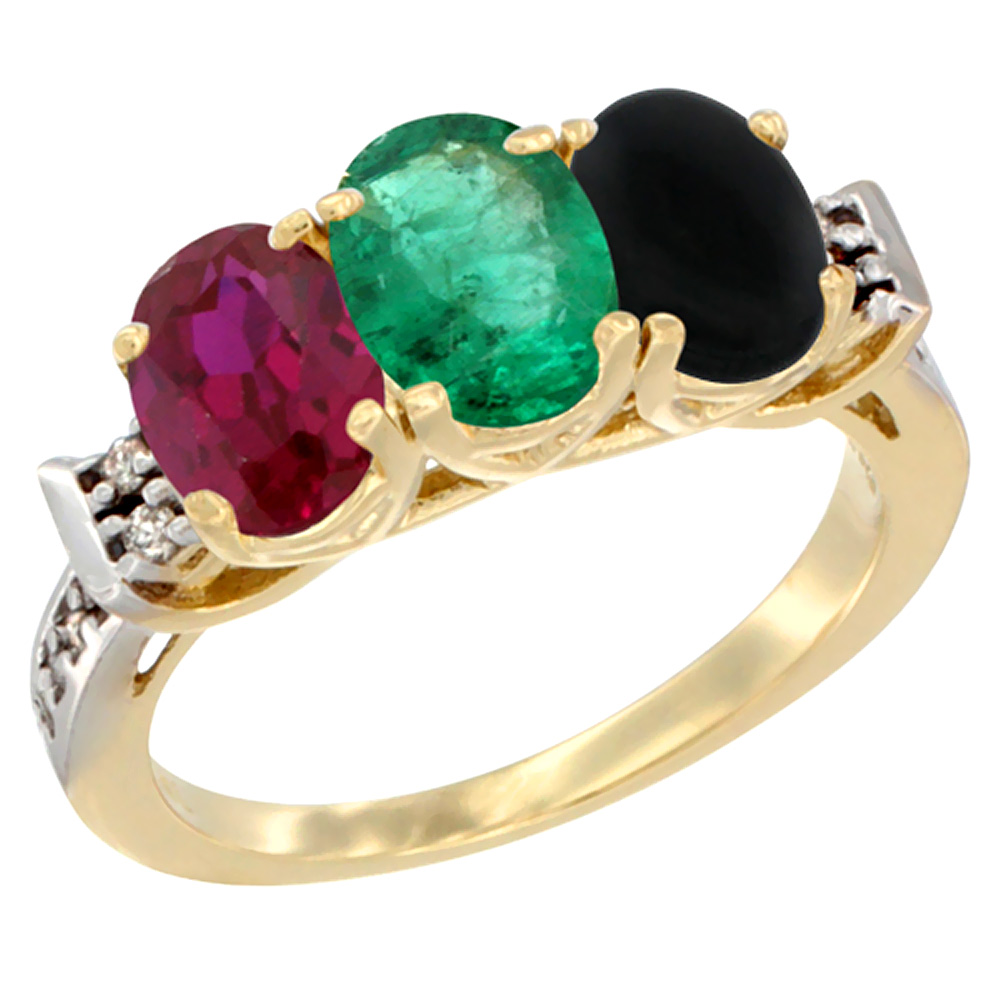 Sabrina Silver 14K Yellow Gold Enhanced Ruby, Natural Emerald & Black Onyx Ring 3-Stone Oval 7x5 mm Diamond Accent, sizes 5 - 10