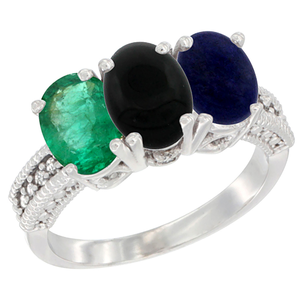 Sabrina Silver 10K White Gold Diamond Natural Emerald, Black Onyx & Lapis Ring 3-Stone 7x5 mm Oval, sizes 5 - 10
