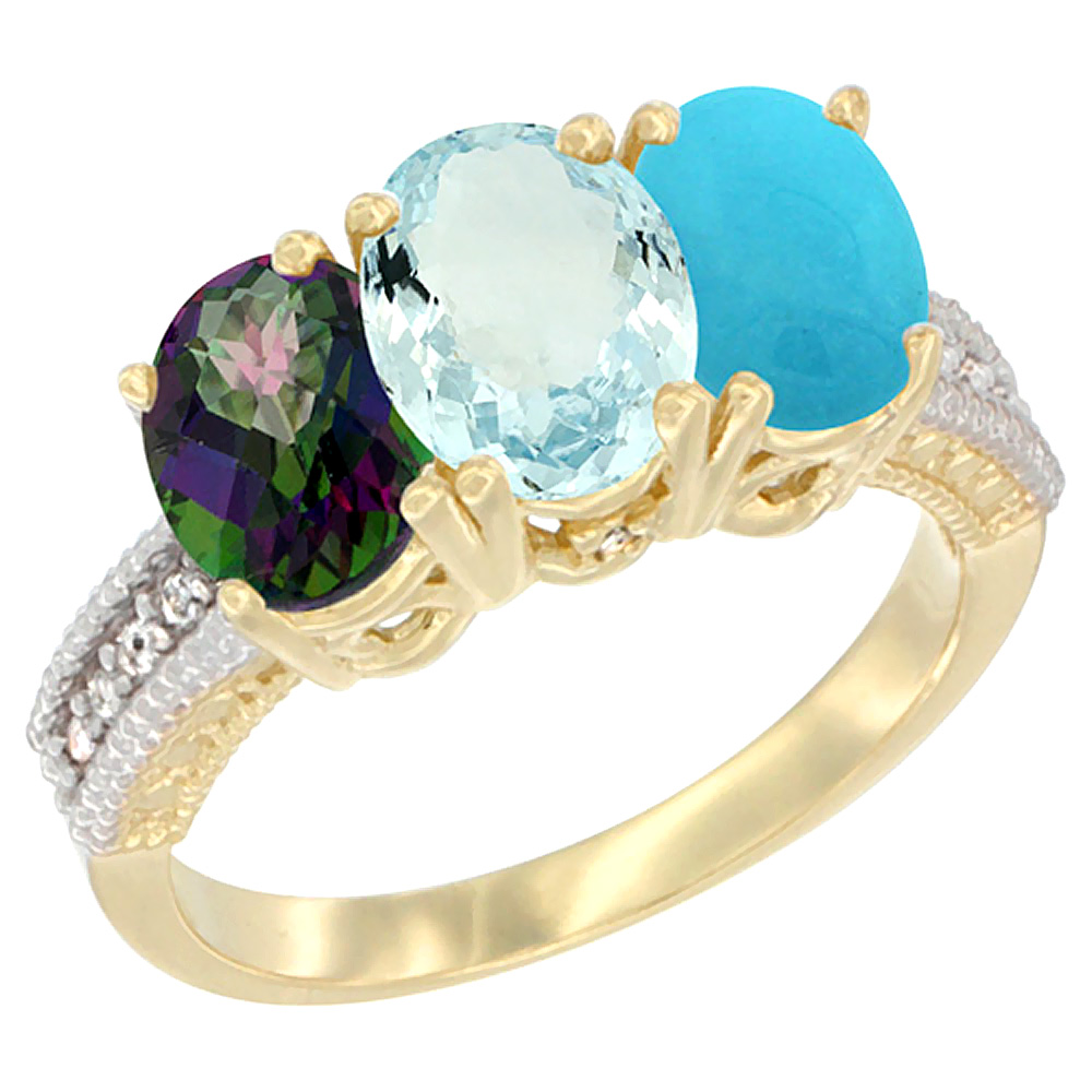 Sabrina Silver 14K Yellow Gold Natural Mystic Topaz, Aquamarine & Turquoise Ring 3-Stone 7x5 mm Oval Diamond Accent, sizes 5 - 10
