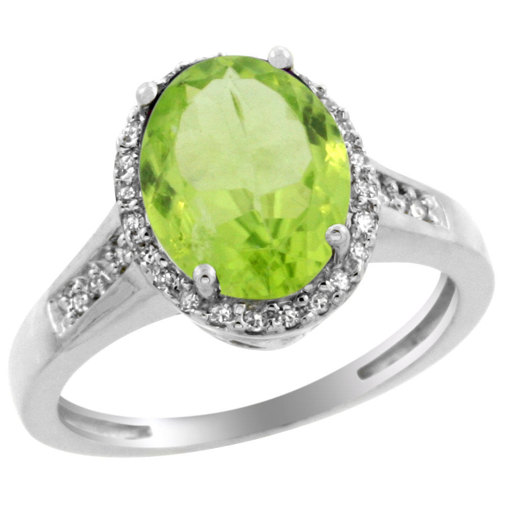 Sabrina Silver 14K White Gold Diamond Natural Peridot Engagement Ring Oval 10x8mm, sizes 5-10