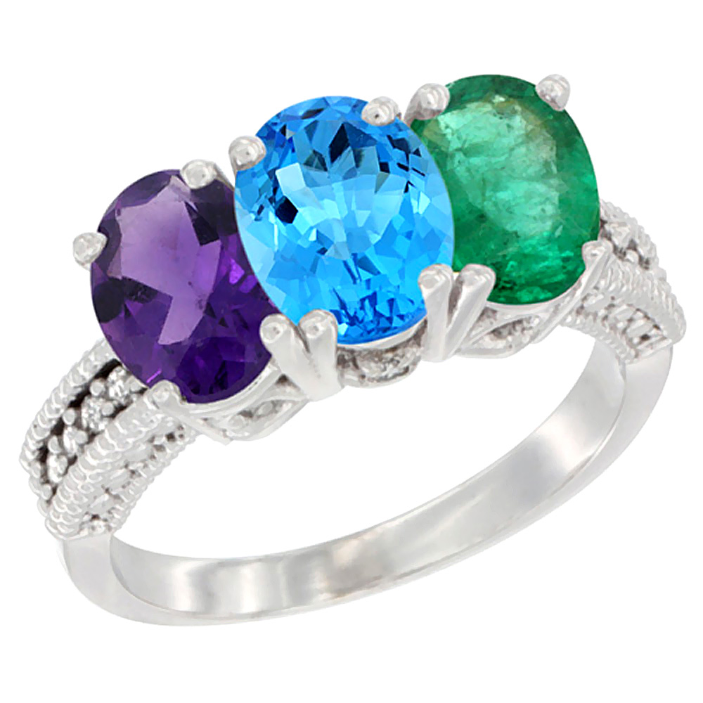 Sabrina Silver 14K White Gold Natural Amethyst, Swiss Blue Topaz & Emerald Ring 3-Stone 7x5 mm Oval Diamond Accent, sizes 5 - 10