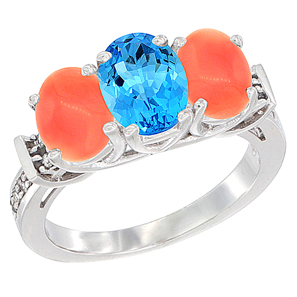 Sabrina Silver 14K White Gold Natural Swiss Blue Topaz & Coral Sides Ring 3-Stone Oval Diamond Accent, sizes 5 - 10