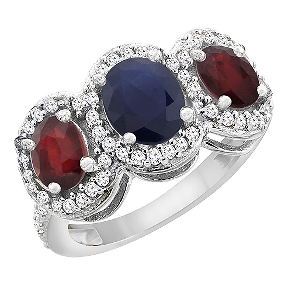 Sabrina Silver 10K White Gold Natural Blue Sapphire & Enhanced Ruby 3-Stone Ring Oval Diamond Accent, sizes 5 - 10