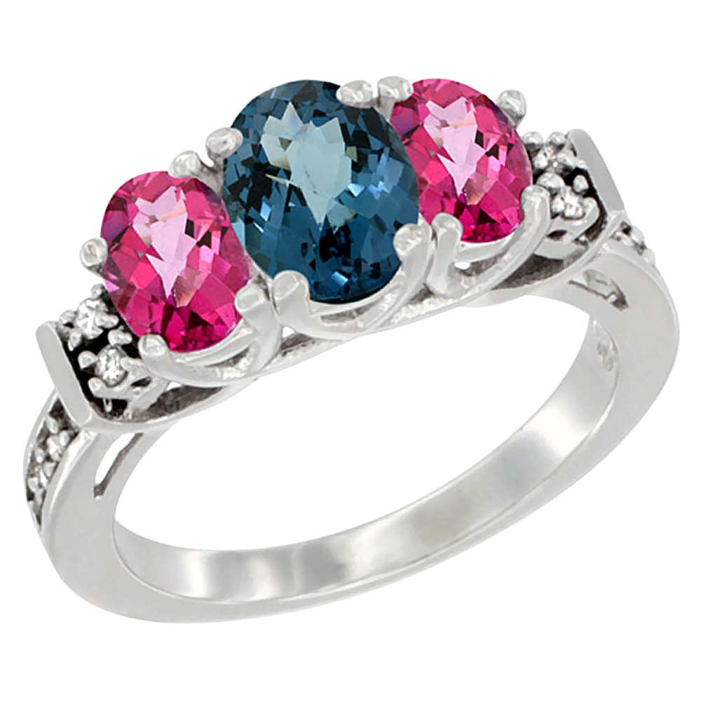Sabrina Silver 14K White Gold Natural London Blue Topaz & Pink Topaz Ring 3-Stone Oval Diamond Accent, sizes 5-10